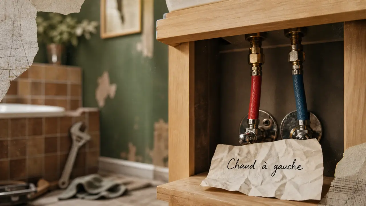 Eau chaude a gauche ou a droite : flexibles rouge et bleu sous lavabo