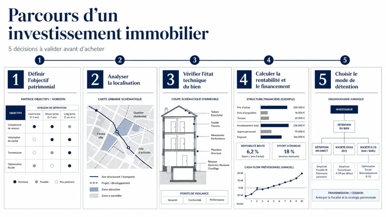 Conseil pour investissement immobilier : schéma des étapes clés pour sécuriser un projet locatif