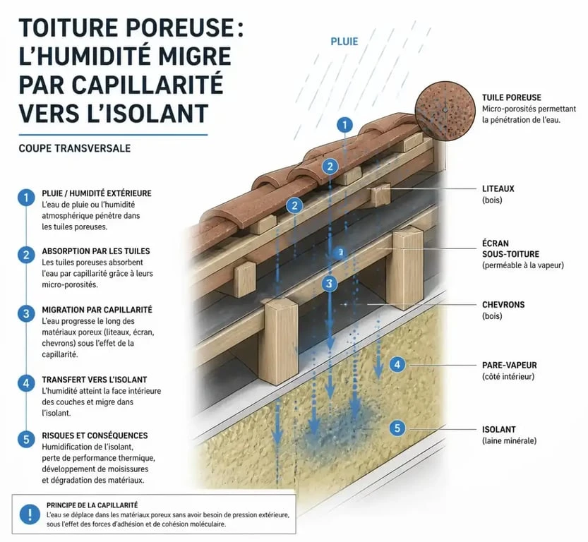 Schéma explicatif de l'infiltration d'eau par tuile poreuse et assurance habitation