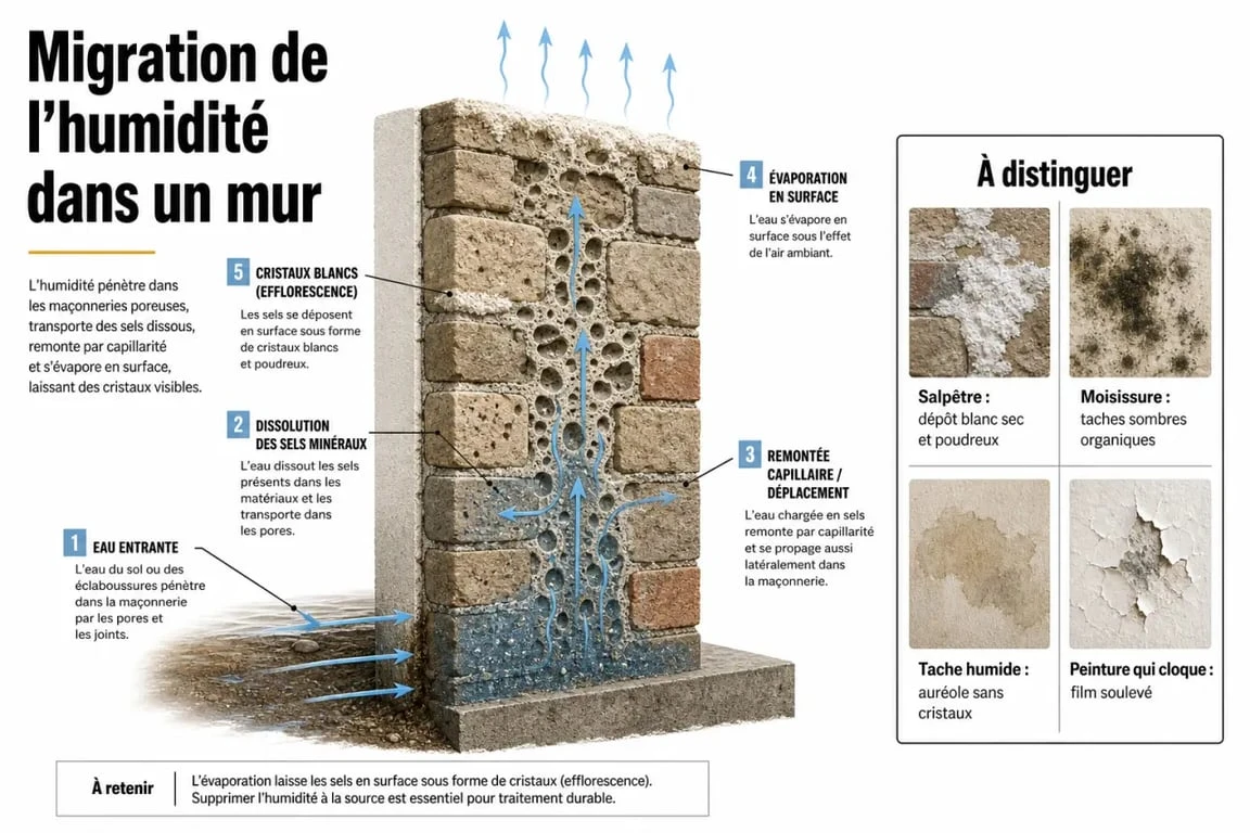 Pourquoi le sel hygroscopique sort du mur : schéma du trajet de l’humidité et des sels dans la maçonnerie