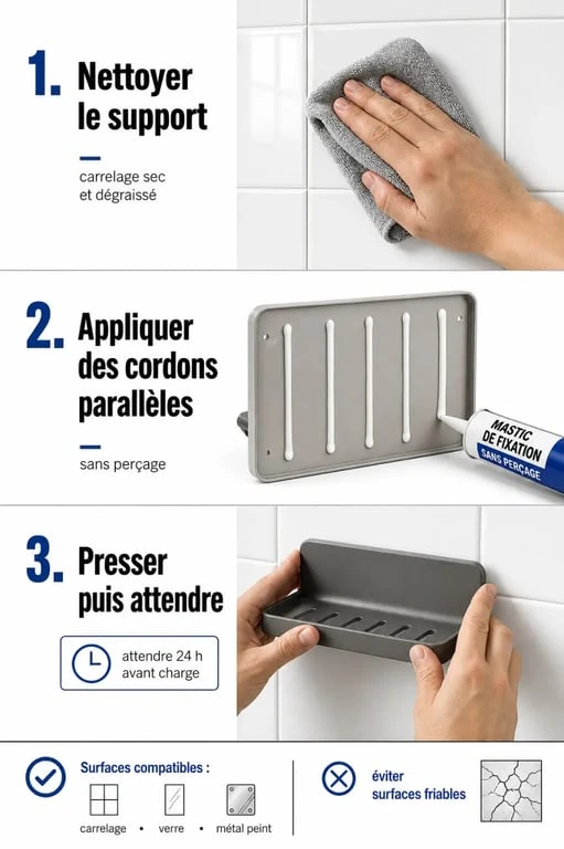 Fixer sans percer : pose d’un mastic de fixation sur mur carrelé