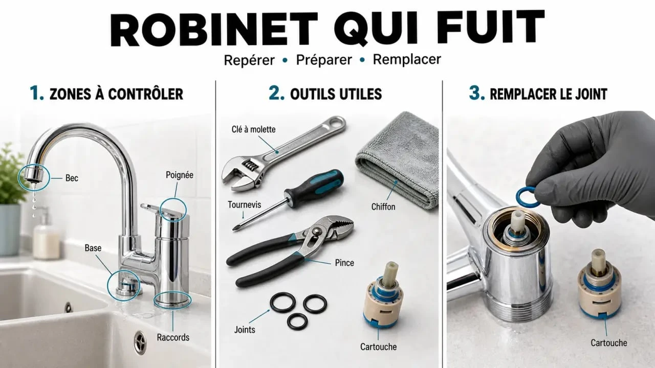 Fuite robinet : diagnostic des zones de fuite et remplacement des pièces avec outils