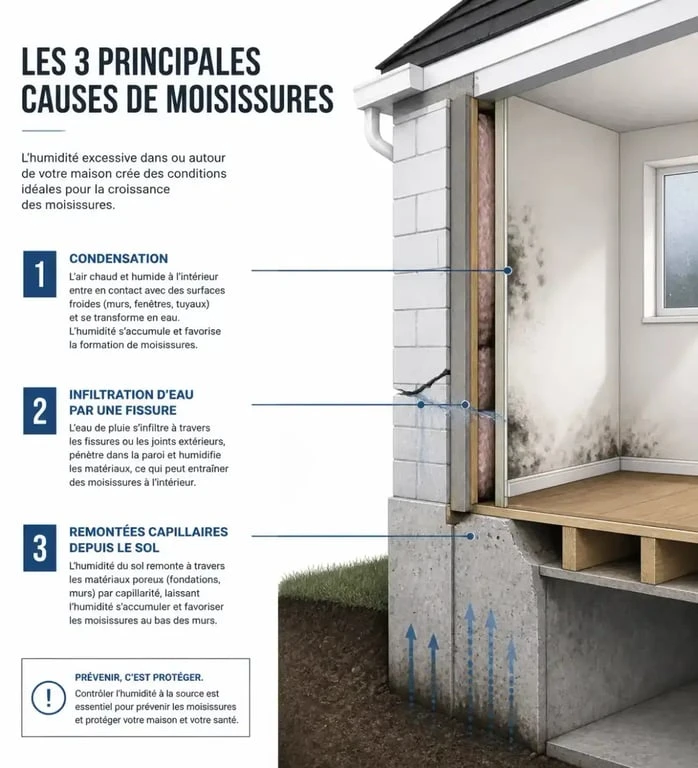 Schéma explicatif des causes de l'humidité dans une maison : condensation, infiltration et remontées capillaires.