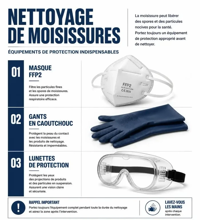 Équipements de protection nécessaires pour nettoyer la moisissure sur un mur : masque FFP2, gants et lunettes.