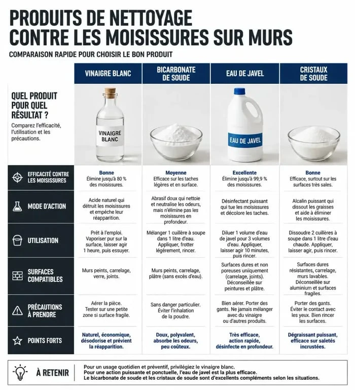 Tableau comparatif des produits pour nettoyer la moisissure sur un mur : vinaigre blanc, bicarbonate, eau de Javel et cristaux de soude.