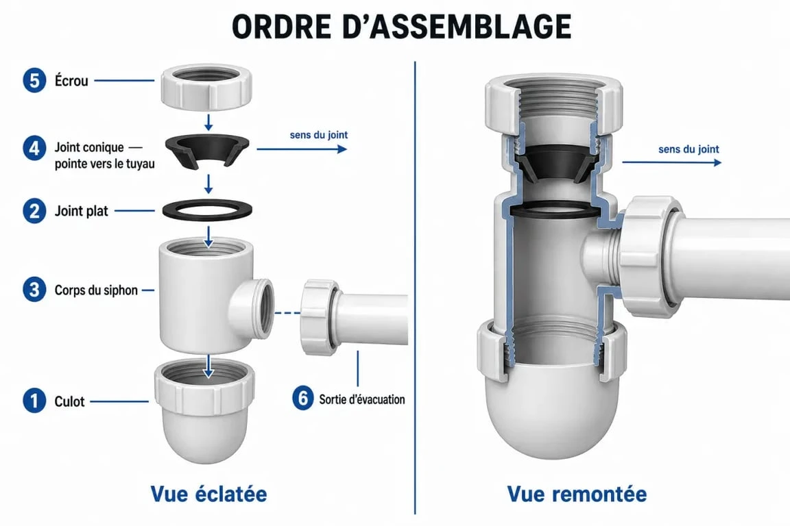 Changer siphon lavabo : pièces du siphon et ordre de remontage avec joint conique