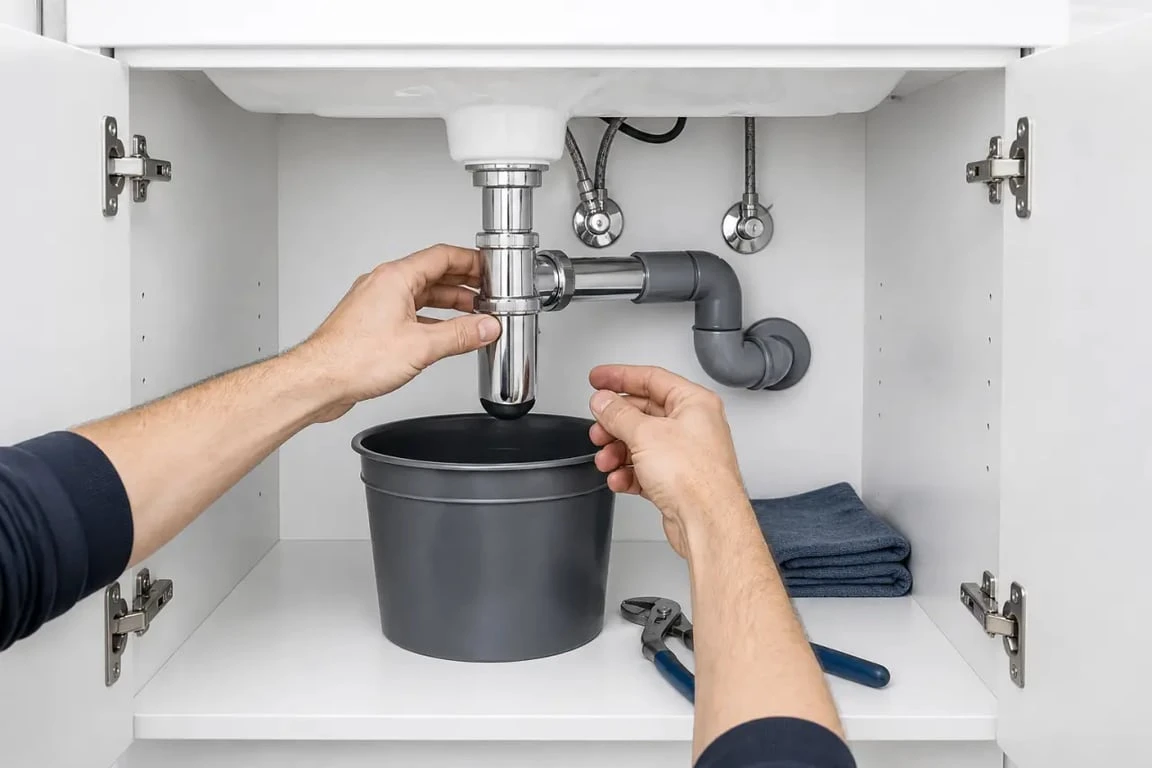 Changer siphon lavabo : préparation sous le lavabo avec seau, pince et chiffons