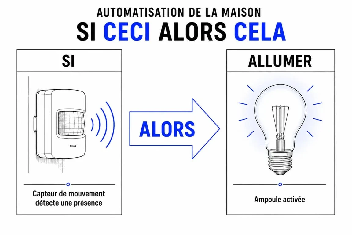 Schéma de fonctionnement d'un scénario domotique : si mouvement détecté alors allumer la lumière