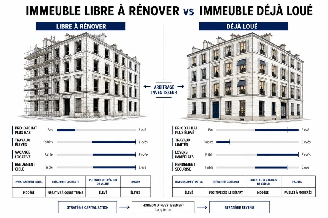 Acheter immeuble : comparaison visuelle entre immeuble libre et immeuble déjà loué