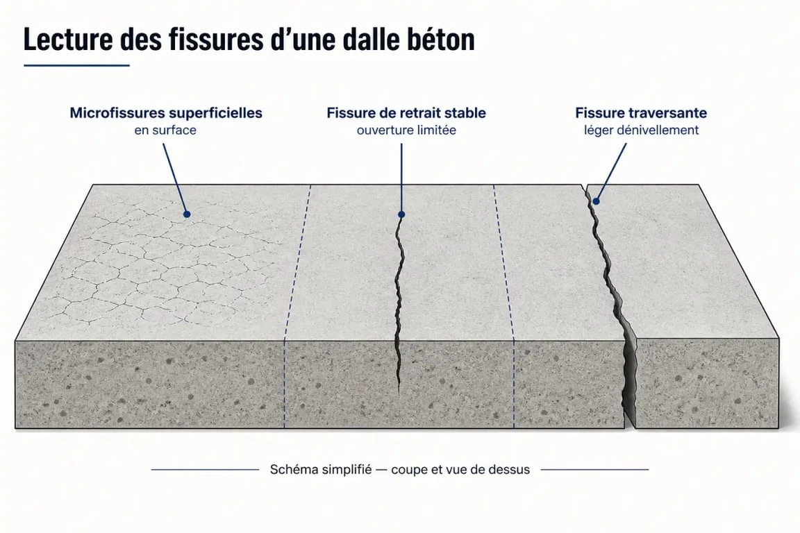 Dalle béton qui fissure au séchage : schéma des fissures superficielles et traversantes