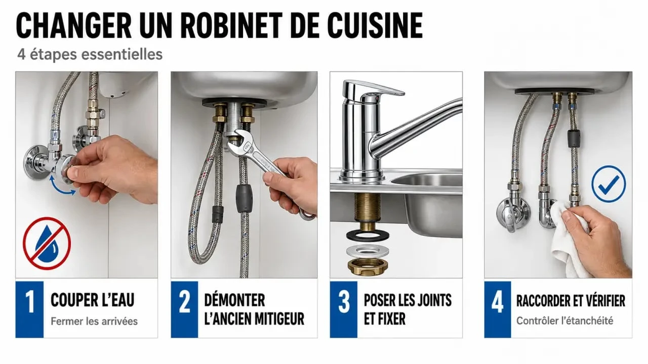Changer un robinet de cuisine : schéma illustré des étapes sous l’évier, du démontage au raccordement
