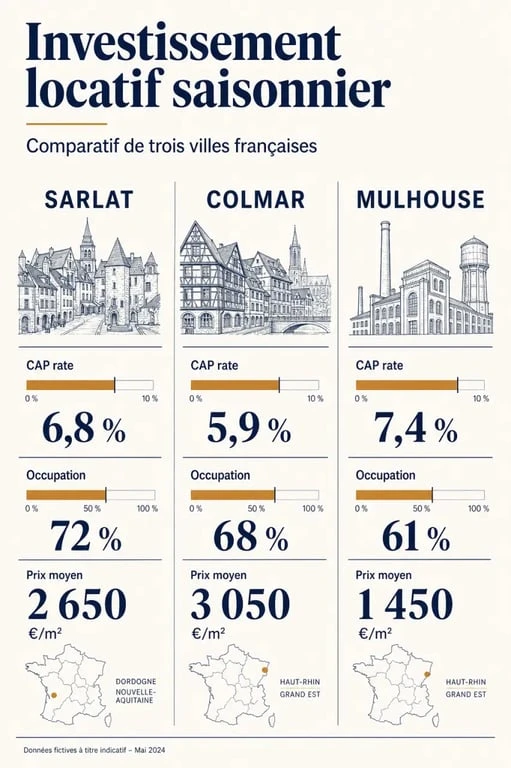 Investir dans le locatif saisonnier : comparaison des rendements à Sarlat, Colmar et Mulhouse