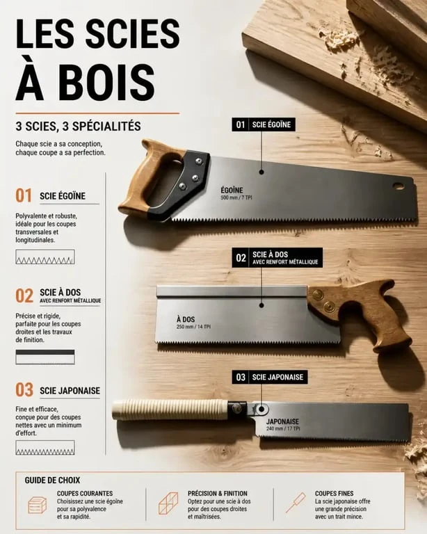 Différents types de scies pour le travail du bois : égoïne, scie à dos et scie japonaise.