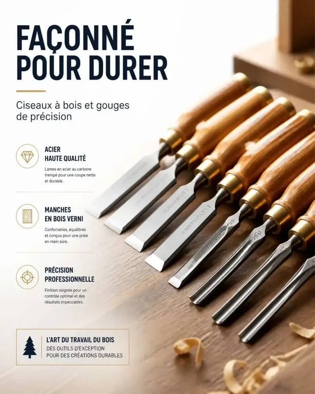 Ciseaux à bois et gouges pour le façonnage et la sculpture du bois.
