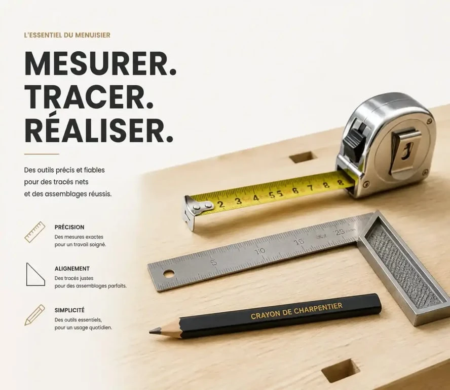 Outils de mesure et de traçage pour menuisier sur un établi.