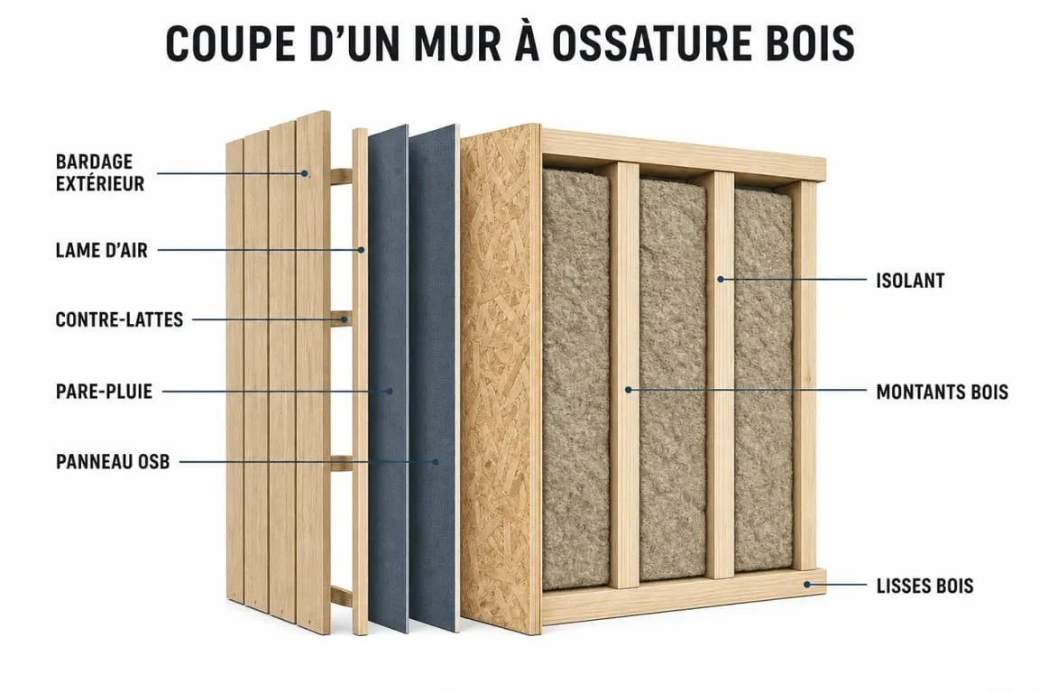 Schéma de mur à ossature bois en coupe avec les couches de structure, d’isolation et de protection