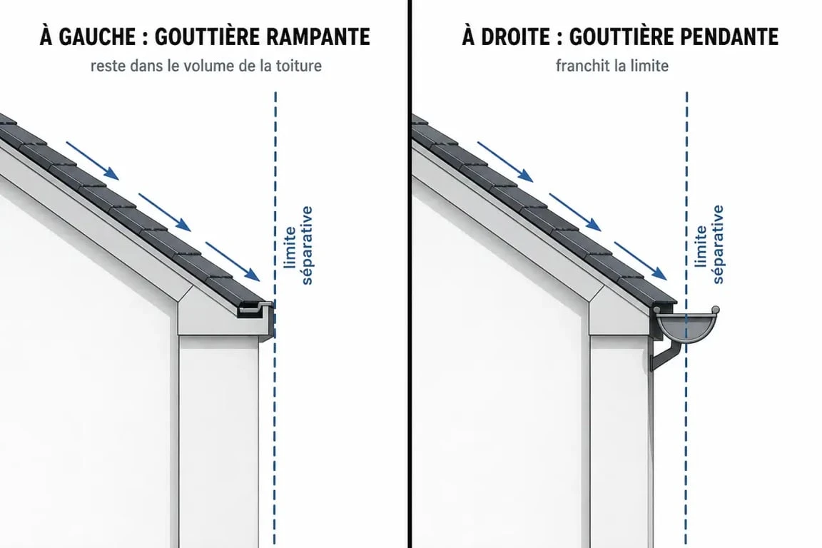 gouttiere sur mur en limite de propriété comparaison entre pose conforme et pose avec surplomb