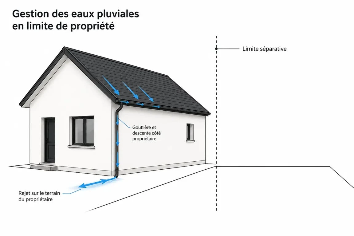 gouttiere sur mur en limite de propriété conforme avec écoulement de l'eau du bon côté