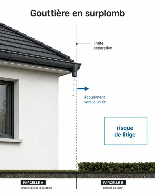 gouttiere sur mur en limite de propriété avec débord vers la parcelle voisine