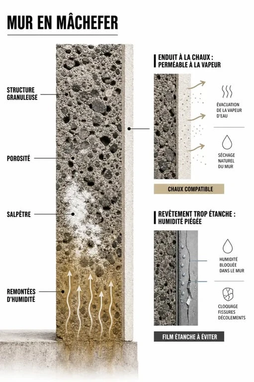 Mur machefer : schéma simplifié d’un mur ancien avec humidité, porosité et enduit compatible