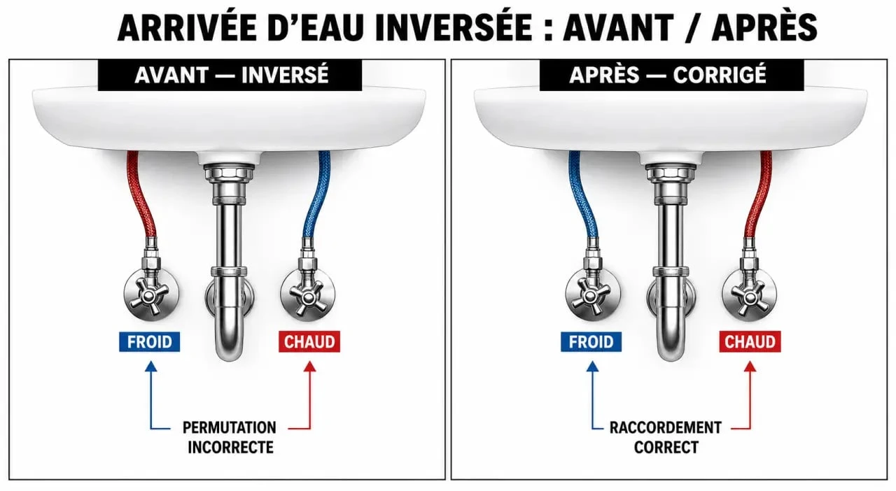 Eau chaude a gauche ou a droite : correction d'une arrivée inversée sous lavabo