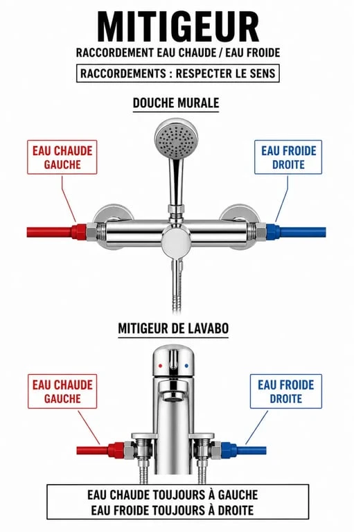 Eau chaude a gauche ou a droite : schéma du mitigeur avec eau chaude à gauche et eau froide à droite