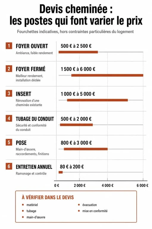 Devis pour cheminée : infographie comparative des prix et des principaux postes de coût