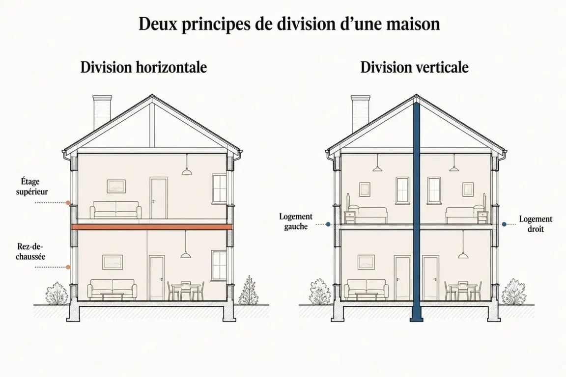 Schéma comparatif d'une maison divisée en 2 logements : division horizontale vs verticale