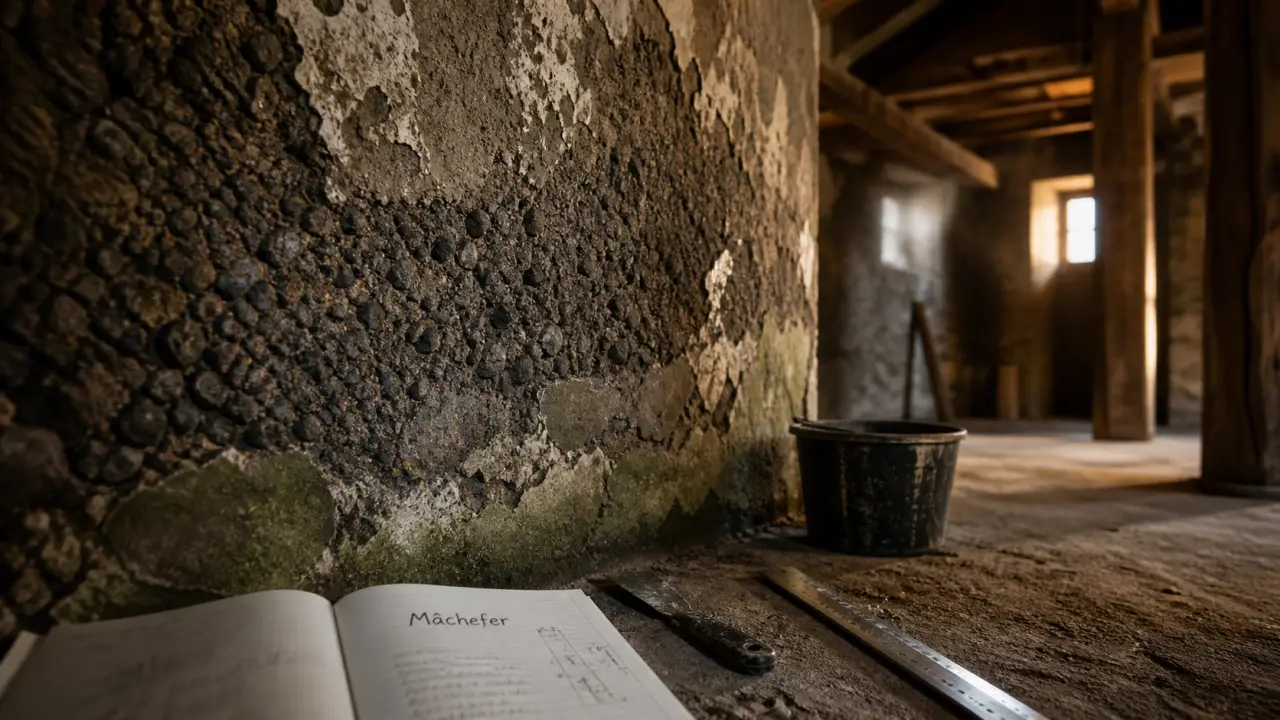 Mur machefer avec traces d’humidité et enduit écaillé