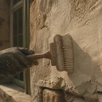 Peinture à la chaux extérieur sur façade ancienne, artisan au pinceau