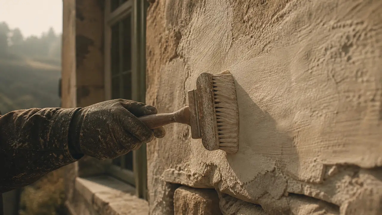 Peinture à la chaux extérieur sur façade ancienne, artisan au pinceau
