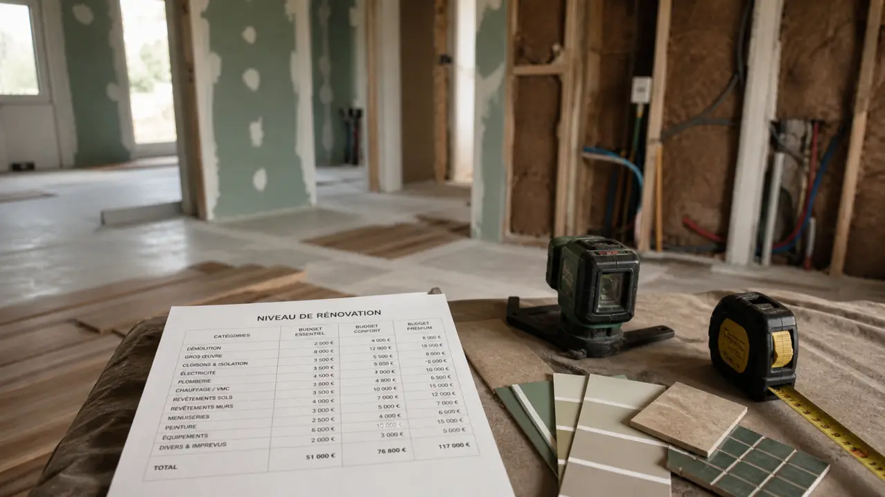 Budget rénovation interieur 800-3200 €/m² sur chantier, tableur