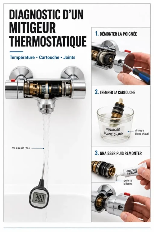 Mitigeur thermostatique trop chaud ou trop froid : contrôle de la température, détartrage de la cartouche et remontage