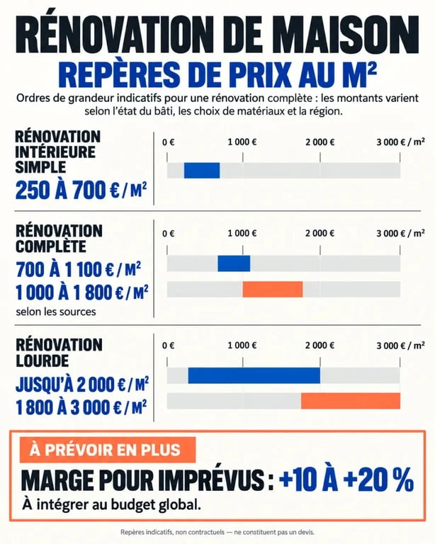 Infographie des prix au mètre carré pour une rénovation complete maison