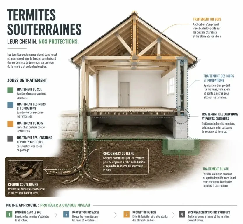 Schéma des zones de traitement termites entre sol, murs et charpente