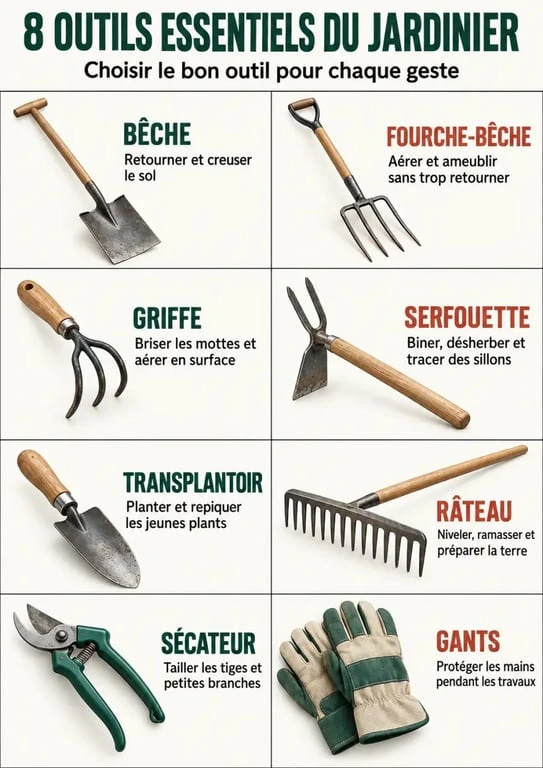 Outil jardinage : infographie des 8 outils indispensables et de leurs usages