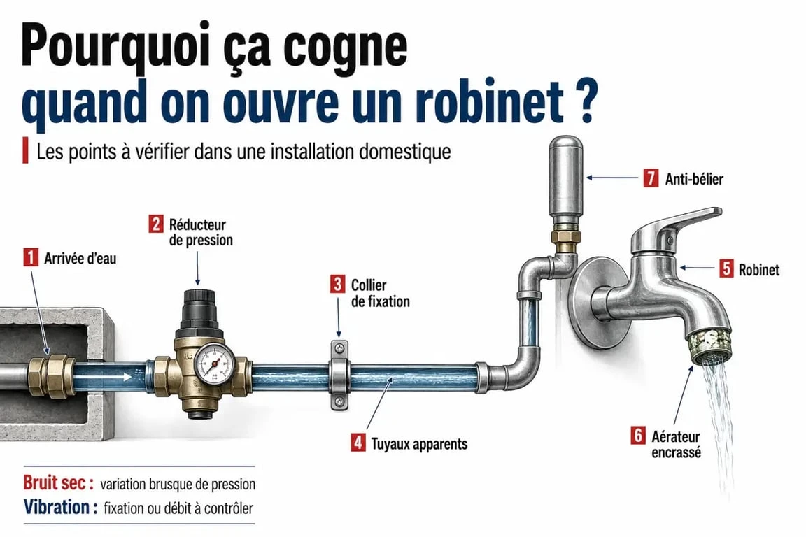 Bruit tuyauterie quand j'ouvre robinet : schéma des causes et éléments à vérifier dans une installation domestique