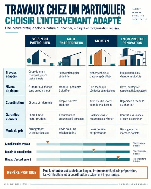Infographie sur les travaux particulier et le choix entre voisin, auto-entrepreneur, artisan et entreprise de rénovation
