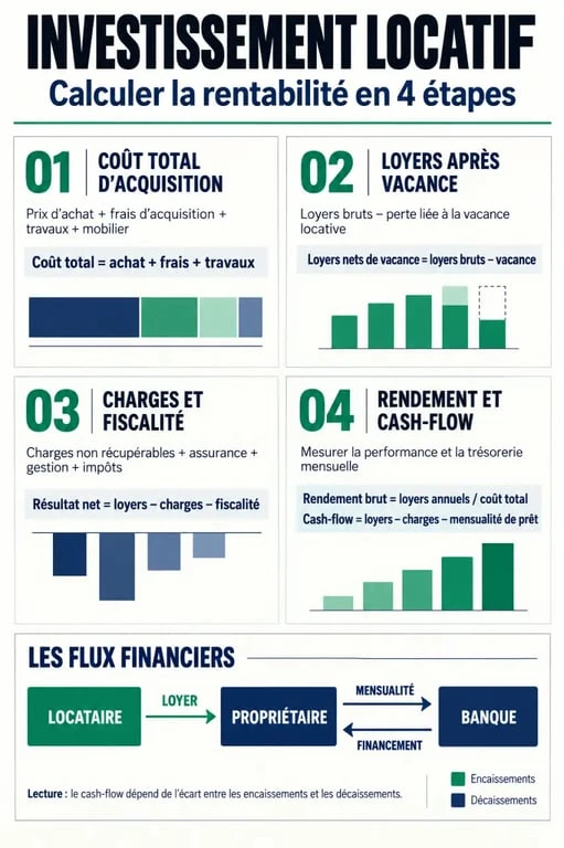 Infographie sur l’immobilier locatif, le rendement et le cash-flow