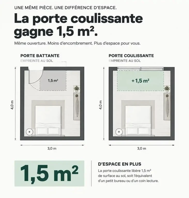 Comparaison de l'espace gagné avec une porte coulissante pour l'aménagement maison