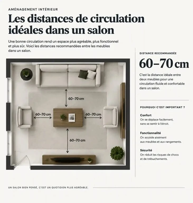 Schéma des distances de circulation recommandées pour un aménagement maison fonctionnel