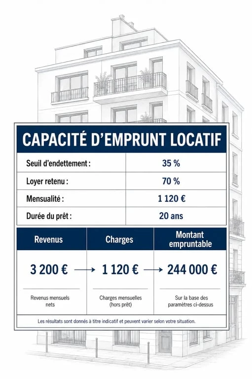 Capacité emprunt investissement locatif illustrée par un schéma éditorial avec seuil de 35 % et loyer retenu à 70 %