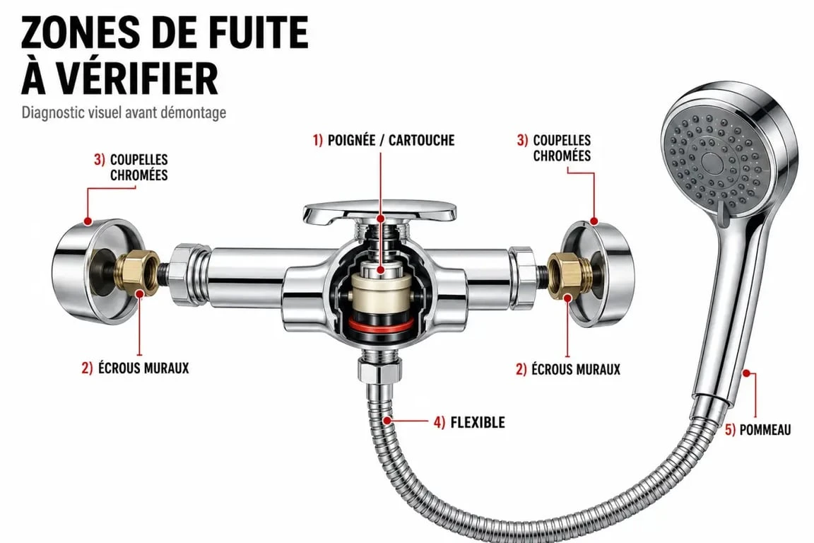 Fuite mitigeur douche : schéma des zones de fuite et du diagnostic