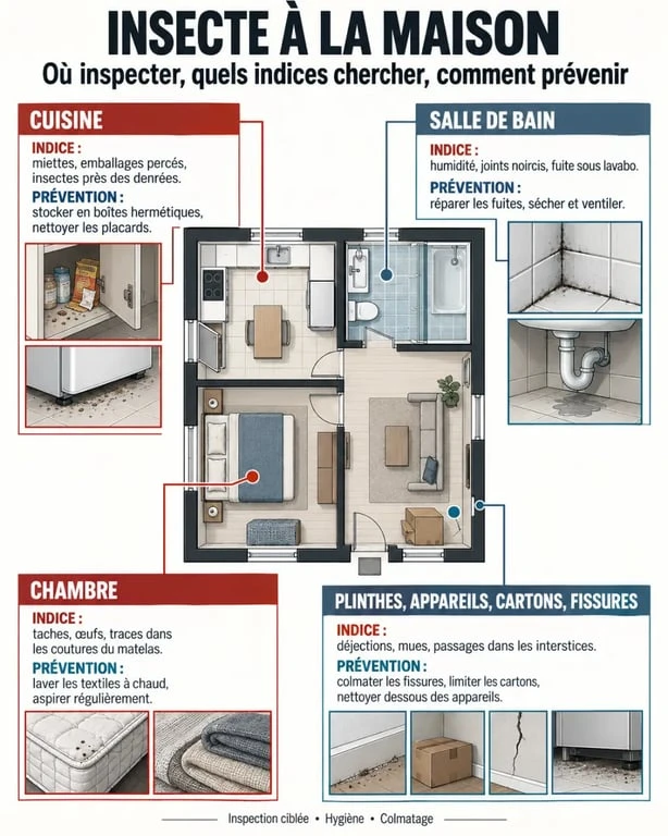 Schéma des zones à inspecter après la découverte d’un insecte dans la maison