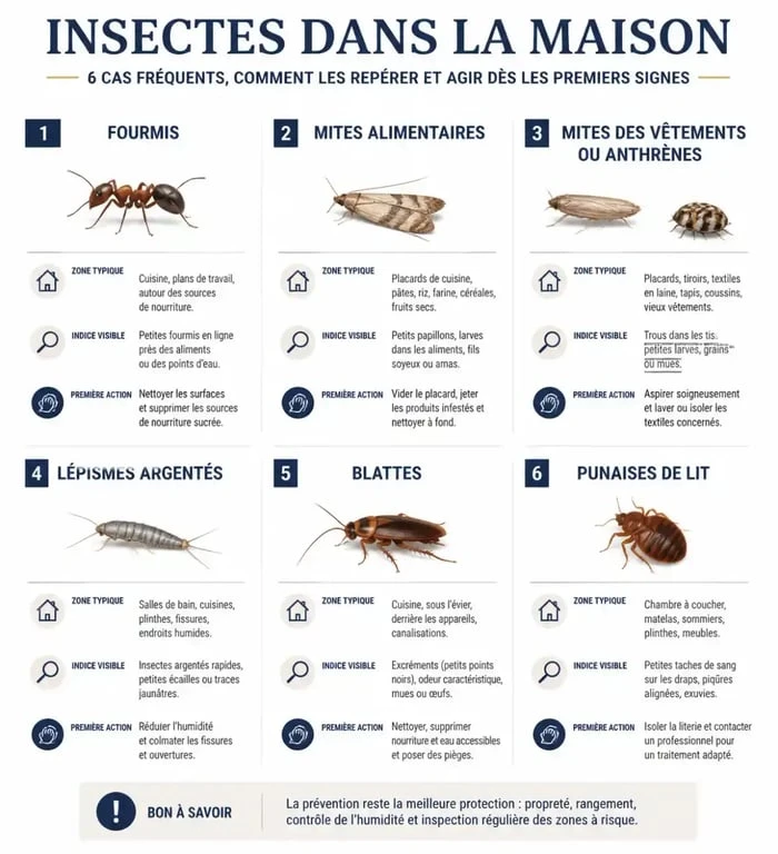Infographie pour identifier un insecte dans la maison selon la pièce et les traces visibles