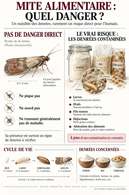 Mite alimentaire danger : infographie sur le risque sanitaire réel et les aliments contaminés