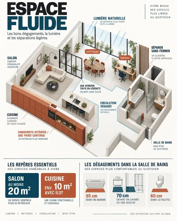 Infographie d’aménagement intérieur avec principes de circulation, lumière et rangements