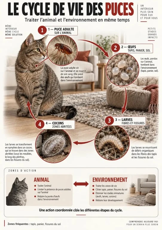 Infographie anti puce maison montrant le cycle de vie des puces et leurs zones de refuge