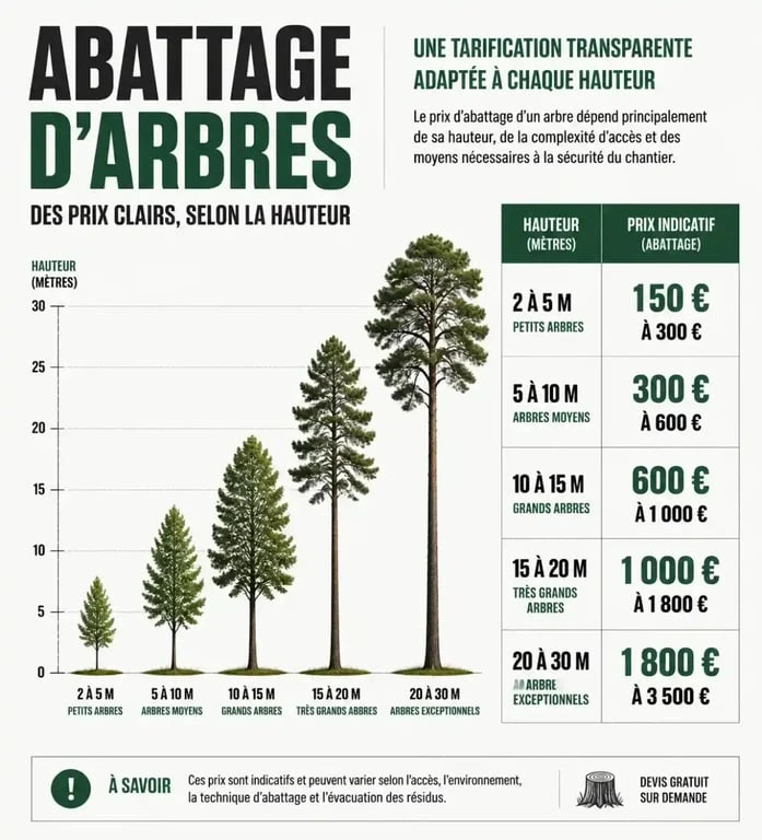 Infographie des tarifs d'abattage d'arbre avec évacuation selon la hauteur