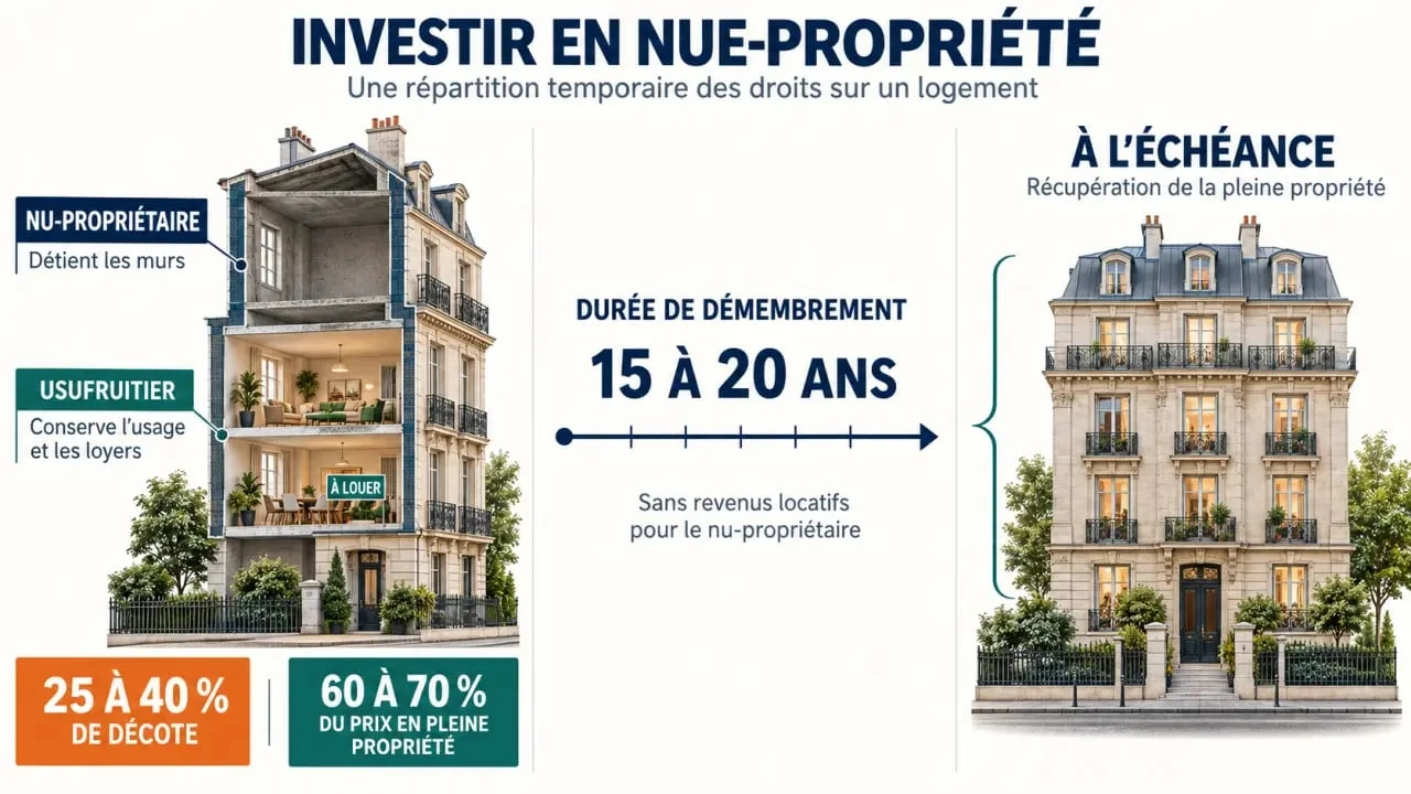 Infographie pour comprendre la nue propriete investir, la décote et la récupération de la pleine propriété